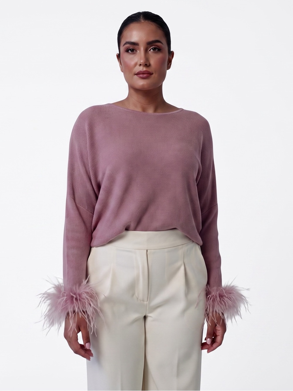Sioni Pink Mauve Soft Boat Neck Statement Sleeve Feather Cuff Top Size Small